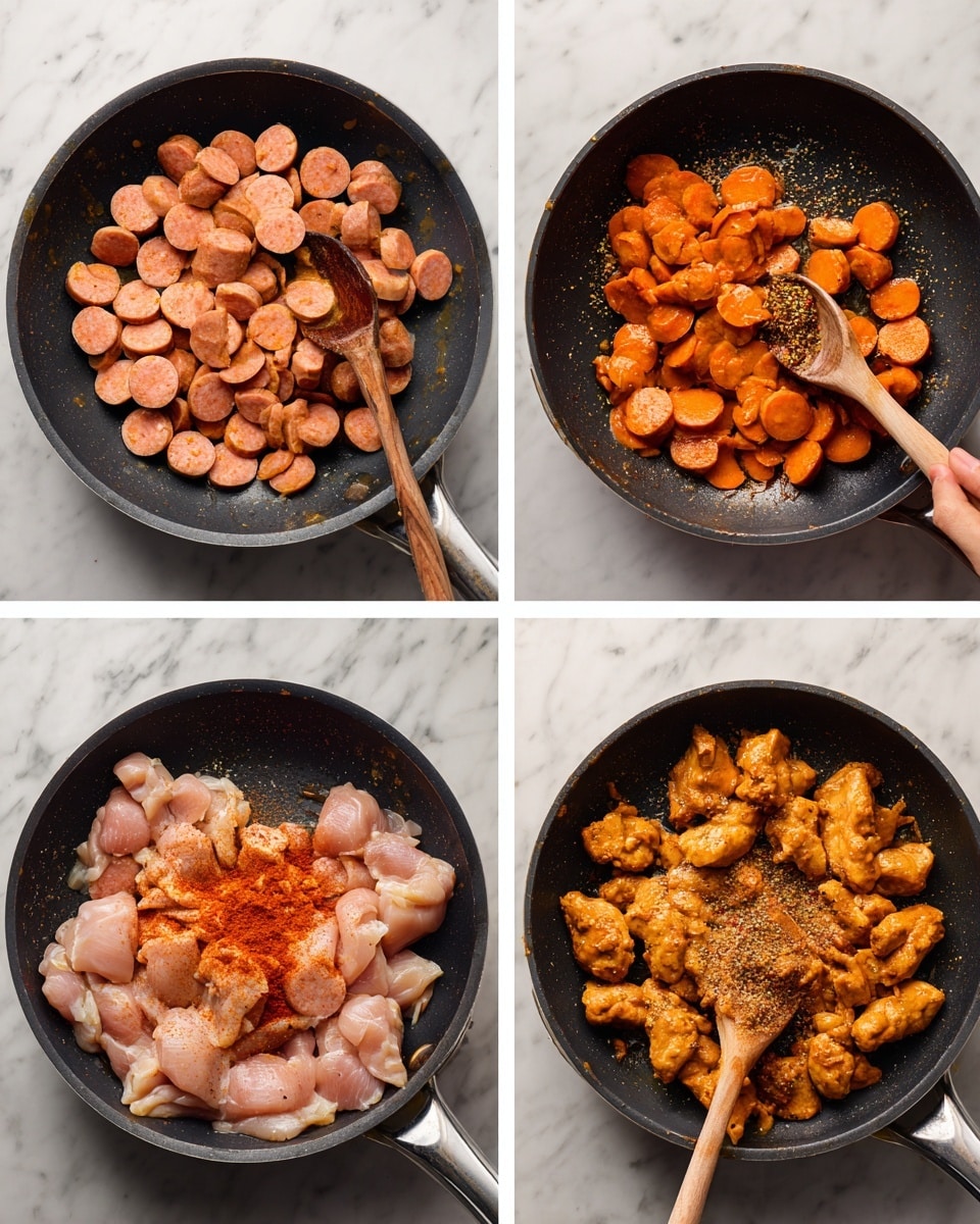 Four images show cooking steps in a black pan on a white marbled surface. The first image has many small round slices of light pink sausage spread out in the pan, with a wooden spoon stirring them. The second image shows the same sausage slices darker orange and more cooked, still being stirred with the wooden spoon. The third image shows raw pale pink chicken pieces added to the pan with the sausage, with a woman's hand sprinkling orange-red seasoning over the chicken while the wooden spoon is resting in the pan. The fourth image shows the chicken pieces browned to a golden color mixed with the sausage, being stirred with the wooden spoon in the pan. photo taken with an iphone --ar 4:5 --v 7