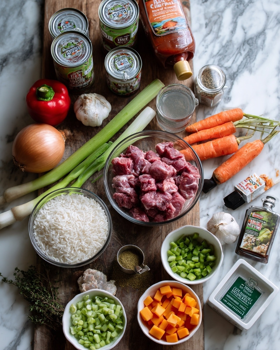 The image shows various ingredients neatly arranged on a wooden surface with a white marbled background. There is a clear glass bowl in the center filled with raw meat pieces, next to it is a white bowl filled with uncooked rice. Surrounding these are cans of pigeon peas and coconut milk, a large bottle of ketchup, a box of light brown sugar, and small white containers labeled salt and pepper stacked on each other. Fresh vegetables include a whole onion, two carrots, a red bell pepper, a bunch of green onions, a small orange pepper, celery stalk, garlic bulb, and some fresh thyme. There is also a small white bowl with green leafy pieces, a silver measuring cup, a small container with cubed orange squash, a green spice container, a block of green seasoning, and a jar of seasoning paste. The setup looks organized and colorful with the ingredients clearly visible. Photo taken with an iphone --ar 4:5 --v 7