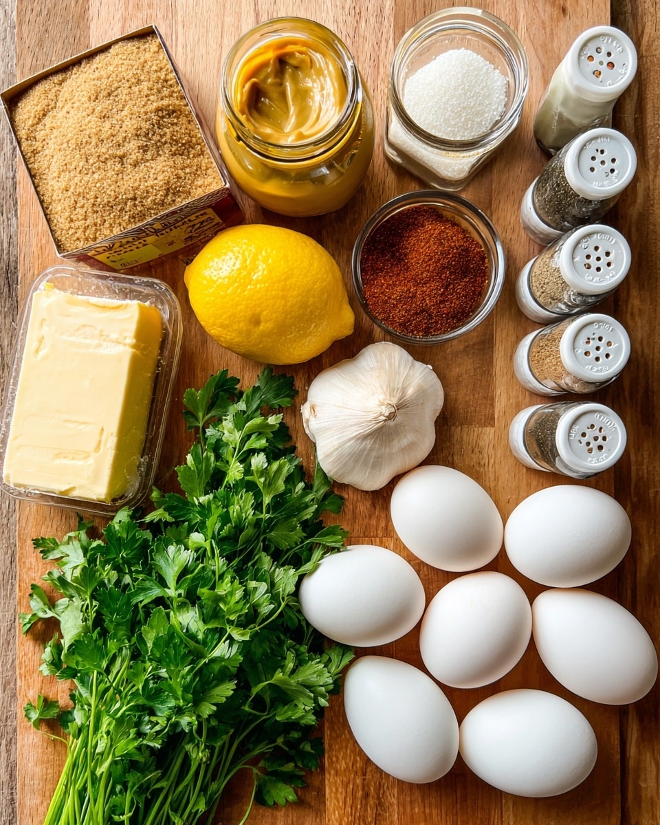 The image shows a wooden surface covered with several cooking ingredients arranged neatly. On the left side, there is a box of light brown sugar, a jar of yellow mustard, and a stick of butter placed next to a full garlic bulb. A lemon is positioned near the center. On the right, there are six white eggs grouped together beside a bunch of fresh green parsley. Above the eggs, multiple spice containers are lined up in a row, including old bay seasoning, crushed red pepper, onion powder, paprika, lemon pepper, and a white container labeled salt. The overall scene has a bright and clean look. photo taken with an iphone --ar 4:5 --v 7