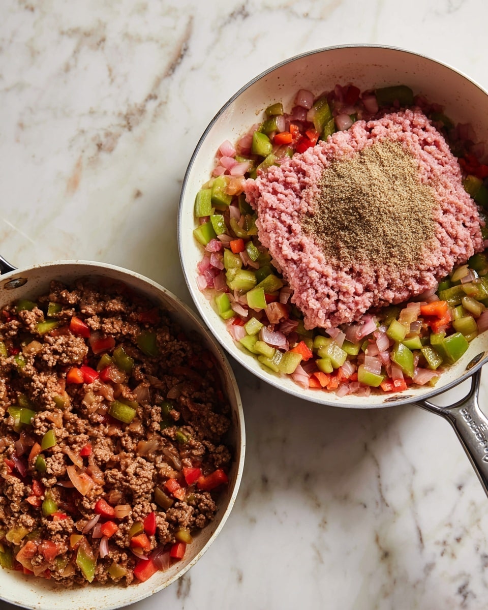 The image shows two white pans on a stove with a white marbled surface background. In the first pan, there is a base layer of diced red and green bell peppers with small pieces of onion, topped with a large piece of raw pink ground meat sprinkled with a layer of brownish spice powder. In the second pan, the ingredients are fully cooked, showing browned ground meat mixed evenly with the soft, colorful diced peppers and onions, creating a textured, hearty layer filling the pan. Photo taken with an iphone --ar 4:5 --v 7