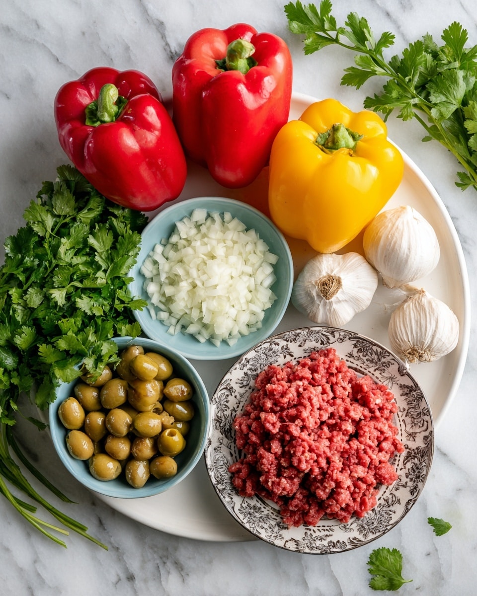 A large white plate with several ingredients arranged on a white marbled surface. There are two whole red bell peppers and one yellow bell pepper toward the top right. To the center right, a decorative bowl holds raw ground meat with a rough texture and reddish color. Below it, two whole garlic bulbs rest on the plate. Near the bottom left, green olives with some red pimento fill a small area. Above the olives, a small pastel blue bowl is filled with finely chopped white onions, and next to it, a small blue bowl contains minced garlic. On the top left, several sprigs of fresh cilantro lie flat on the plate. Photo taken with an iphone --ar 4:5 --v 7