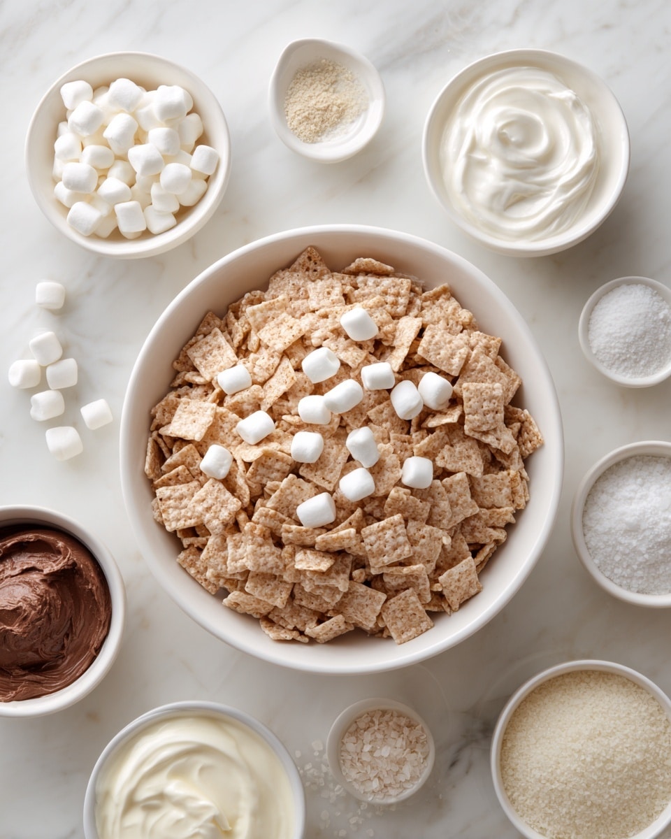 A white bowl filled with light brown cereal squares mixed with small white marshmallows, placed in the center on a white marbled surface. Surrounding it are six small white dishes: one with tiny white marshmallows, one with a scoop of dark brown chocolate mixture, one with thick white cream, another with white powder, a small bowl with a fine white powder, and another with a small amount of white granules. The arrangement is neat and evenly spaced. Photo taken with an iphone --ar 4:5 --v 7