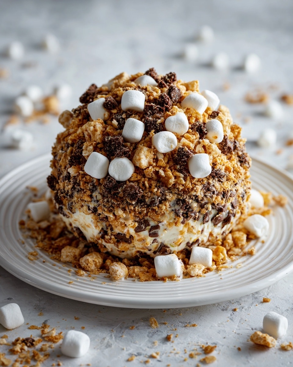 The image shows a white plate with many square graham crackers arranged in a circular pattern. In the middle, there is a round, layered ball made of white marshmallow mixed with small white marshmallows, crunchy cereal pieces, and chocolate bits. Two pieces of Hershey's chocolate sit on top of the ball. The ball is drizzled with dark chocolate syrup, which spreads over the marshmallow and cereal mix. In front of the ball, a woman's hand holds a graham cracker topped with the same marshmallow, cereal bits, and chocolate syrup. The background is a white marbled surface. photo taken with an iphone --ar 4:5 --v 7