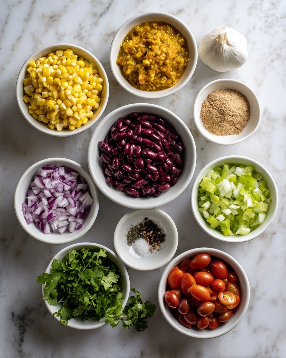 The image shows eight small white bowls arranged in a loose circle on a white marbled surface, each filled with different colorful ingredients. Starting at the top center and moving clockwise, there is a bowl of bright yellow corn kernels, followed by a bowl filled with dark red beans, a bowl holding a light orange chunky sauce, a bowl with small green chopped pieces of celery, a bowl with finely chopped red onions, a bowl of light brown powder, a bowl with small red grape tomatoes, and finally, a bowl with green chopped cilantro leaves. There is also a small amount of black pepper in a tiny white bowl near the beans, and a single peeled garlic clove is in the center of the arrangement. Photo taken with an iphone --ar 4:5 --v 7