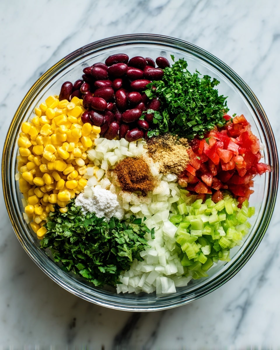 A clear glass bowl sits on a white marbled surface, filled with six distinct layers of fresh ingredients. At the bottom left is bright yellow corn, next to white minced garlic in the center. To the left is dark red kidney beans, with a pile of green chopped cilantro above them. To the right of the cilantro is light green chopped celery, and below that, a mix of finely chopped red onion and bright red tomatoes. Spices, including a light brown powder and coarse salt, are sprinkled in the center on top of the garlic. Photo taken with an iphone --ar 4:5 --v 7