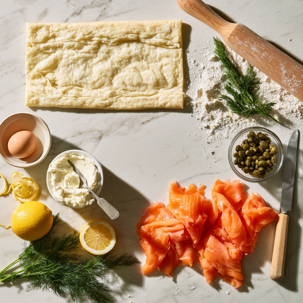 The image shows a cooking scene with puff pastry sheets on a white marbled surface. There are four rectangular puff pastry pieces lined up on a dark baking tray, each one lightly pierced with small holes. Next to the tray, on the white marbled surface, is a folded puff pastry sheet with clear layers. Near it lie a block of cream cheese, a piece of cooked salmon with a reddish-brown color, a lemon half showing its yellow juicy interior, and small green capers scattered nearby. The background includes part of the puff pastry box, showing the product name. Photo taken with an iphone --ar 4:5 --v 7