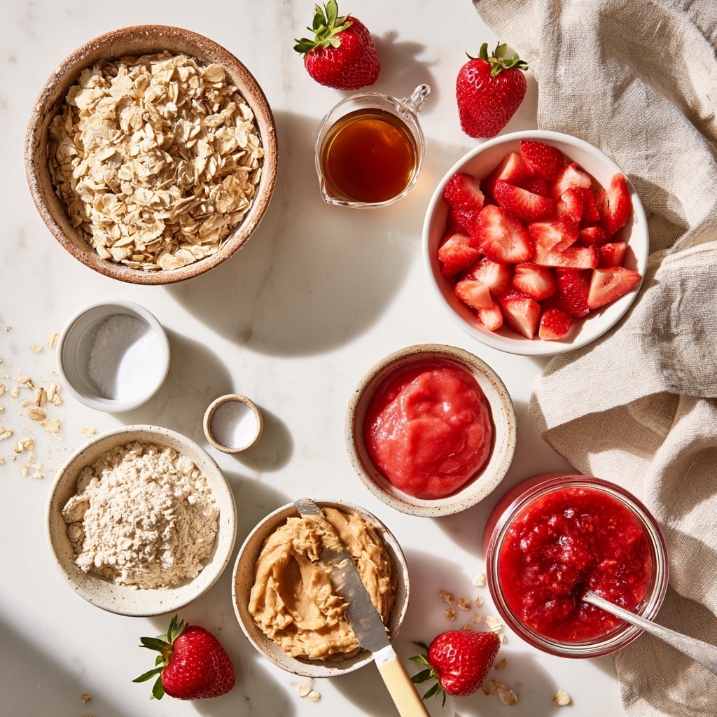 The image shows a close-up of a silver tray lined with aluminum foil, containing two layers of food. The bottom layer is light brown oats pressed down evenly, forming a rough textured base. On top of this is a thick, glossy red strawberry mixture with small chunks of strawberries scattered throughout. A silver spoon rests in the middle, partially covered by the strawberry layer. The background features a white marbled surface. photo taken with an iphone --ar 4:5 --v 7
