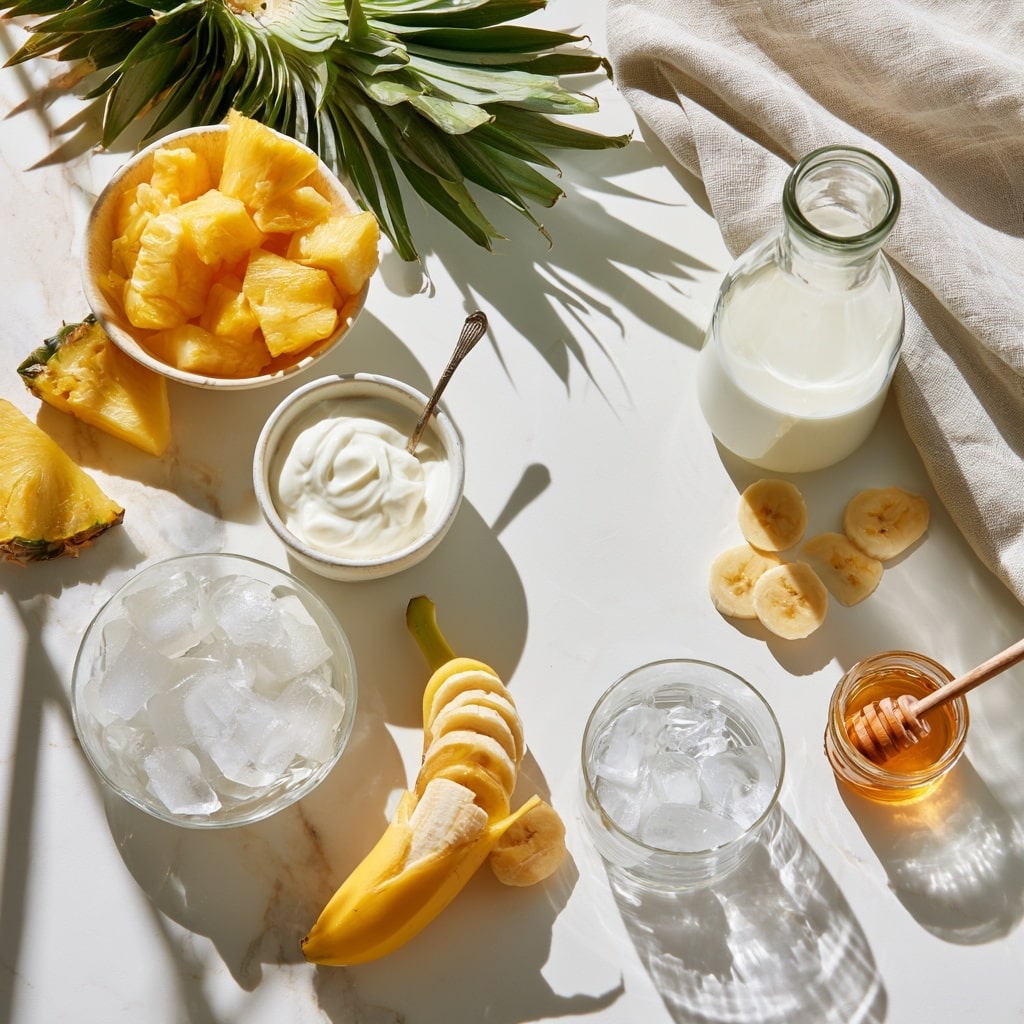 A clear blender jar seen from the top is filled with three layers: the bottom layer consists of large yellow pineapple chunks, the middle layer is white yogurt dolloped unevenly over the pineapple, and the top layer has light brown honey drizzled over the yogurt and pineapple. The blender jar is placed on a white marbled surface, and there is a small white cup of milk and a glass jar with ice visible on the bottom right corner. photo taken with an iphone --ar 4:5 --v 7