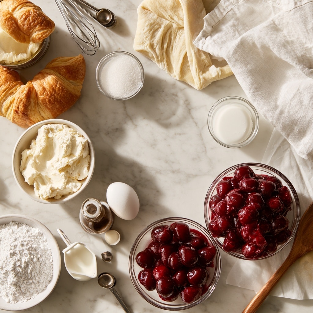 The image shows a white dough shaped like a sun with pointed rays, laid out on white parchment on a white marbled surface. The first layer is the dough with thick white cream filling spread in a circular ring in the center. The second layer adds bright red cherries with syrup placed evenly on top of the white cream around the ring. The third layer begins folding sections of dough strips over the cherry and cream ring, overlapping to partially cover the filling. The final layer completes the circle with all dough strips wrapped and twisted over the cherry filling, leaving bits of bright red cherry and syrup visible between the dough sections. Photo taken with an iphone --ar 4:5 --v 7