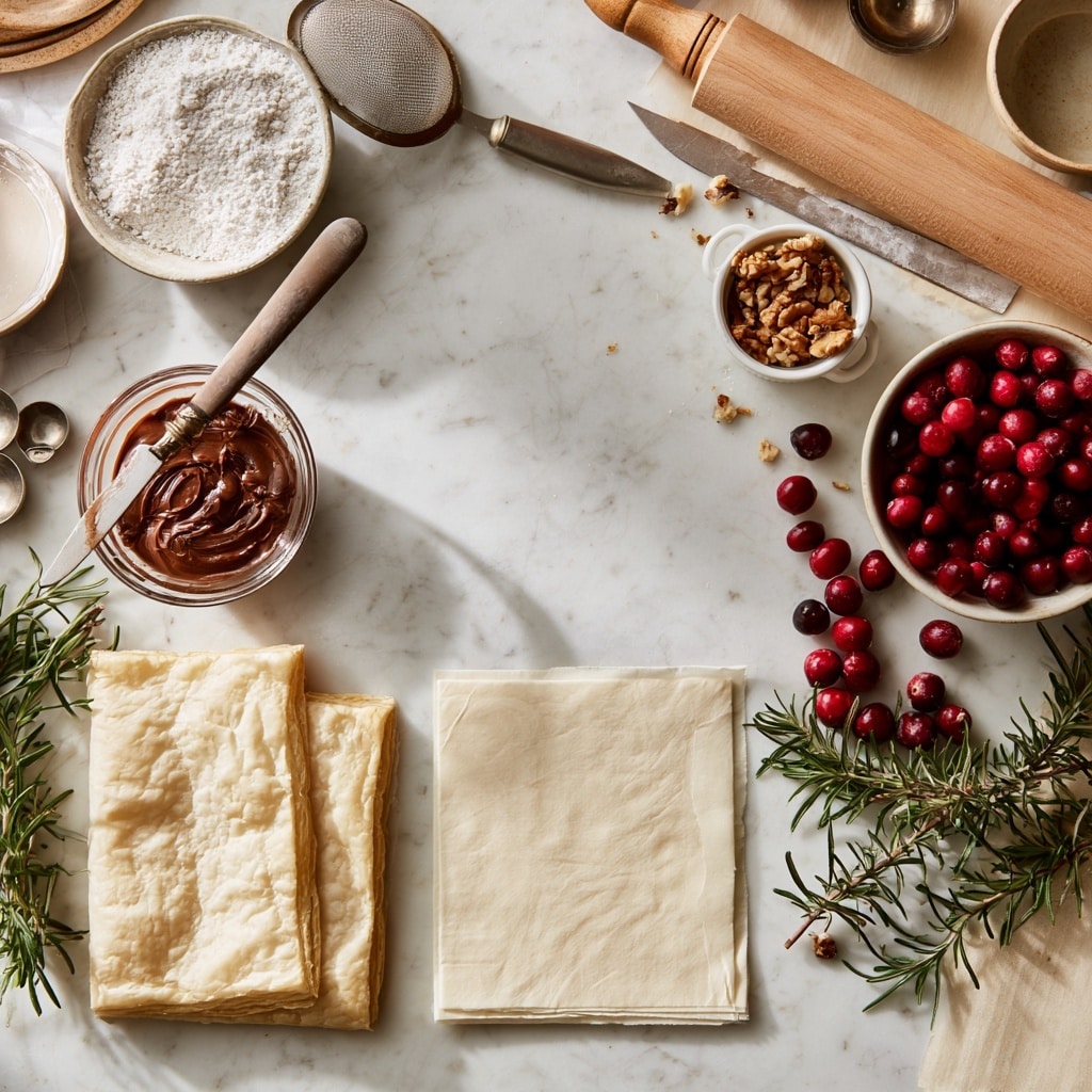 The image shows a step-by-step process of making a wrapped snack on a white marbled surface. In the first step, a square flatbread is laid flat with a spread of light brown chocolate and sprinkled with small nut pieces on top. The second step shows the flatbread being covered with an upside-down white bowl. In the third step, the flatbread is cut into equal triangular slices with a glass placed in the center as a guide, and one slice partially cut with a knife. The final step shows the triangular slices folded over the filling to create small pockets, arranged like three wrapped bundles at the bottom of the circle of flatbread. Bright red berries and sprigs of green rosemary are placed nearby for decoration, photo taken with an iphone --ar 4:5 --v 7