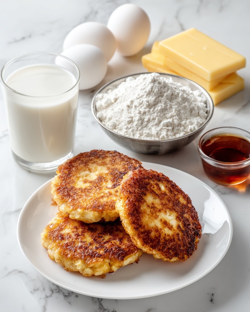 The left side shows a light brown frying pan with a folded yellow omelet that has a smooth texture inside. On the right side, a white marbled surface holds a wooden cutting board with a folded yellow omelet layer at the bottom, topped by a round, brown cooked patty with a slightly rough texture. The layers are simple and stacked clearly, showing the contrast between the soft omelet and the crispy patty. Photo taken with an iphone --ar 4:5 --v 7