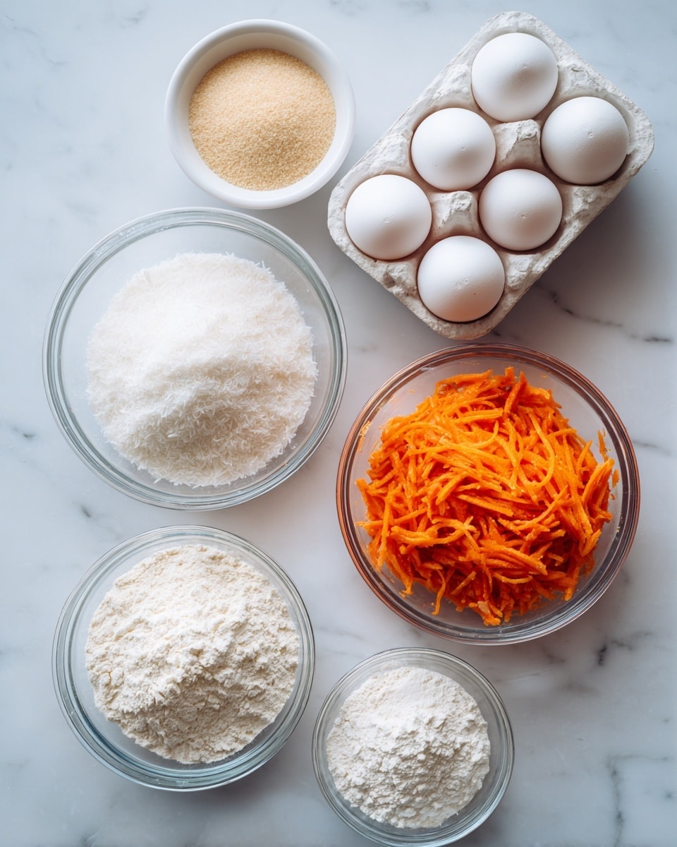 The image shows six raw white eggs in a white carton at the top right, with an empty small white bowl beside them on the top left containing a beige powder. Below these, there are three clear glass bowls: the top one filled with fluffy white granulated sugar on the left, the middle one containing shredded bright orange carrot in the center, and the bottom one holding white flour in the bottom left corner. All the bowls are placed on a white marbled surface. Photo taken with an iphone --ar 4:5 --v 7