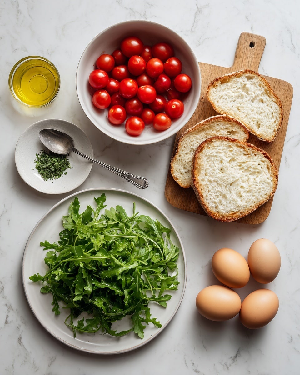A top view shows six separate items on a white marbled surface: at the top center is a white bowl filled with shiny red cherry tomatoes; below it are two thick slices of light brown bread with a soft and airy texture, resting on a wooden board; to the left, a small silver spoon holds a portion of green dried herbs; in the bottom center, a white plate is heaped with fresh, bright green arugula leaves; next to the plate are two light brown eggs side by side; and at the bottom left, a small clear glass bowl contains a yellowish liquid, likely oil. The scene is simple and clean. photo taken with an iphone --ar 4:5 --v 7