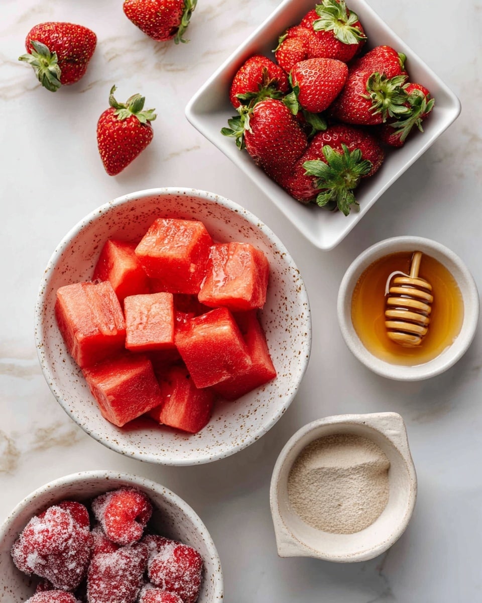 The image shows several white bowls on a white marbled surface, each filled with different ingredients. In the center is a white speckled bowl full of bright red watermelon cubes with visible seeds. Above and to the right is a white square bowl filled with fresh strawberries with green tops. Below the watermelon bowl is another white speckled bowl holding frozen strawberries covered with frost. Next to it on the right is a small white speckled bowl with a beige powder and a scoop. To the far right is a small white bowl with golden honey. Scattered fresh strawberries surround the bowls, adding pops of red and green throughout the scene. photo taken with an iphone --ar 4:5 --v 7