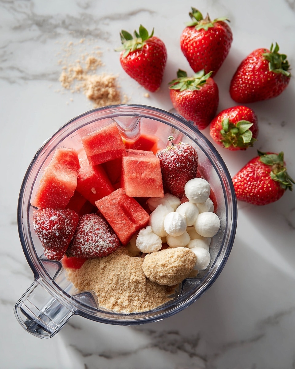A clear blender bowl is shown from above, containing three layers of ingredients: at the bottom are light tan powder clumps, on top of these are bright red triangular watermelon chunks with visible seeds, mixed with whole red strawberries covered in a light white powder or coating, and small dollops of thick white cream or yogurt are scattered among the fruit. Outside the blender, a few large whole strawberries with green leaves lay on a white marbled surface. Photo taken with an iphone --ar 4:5 --v 7