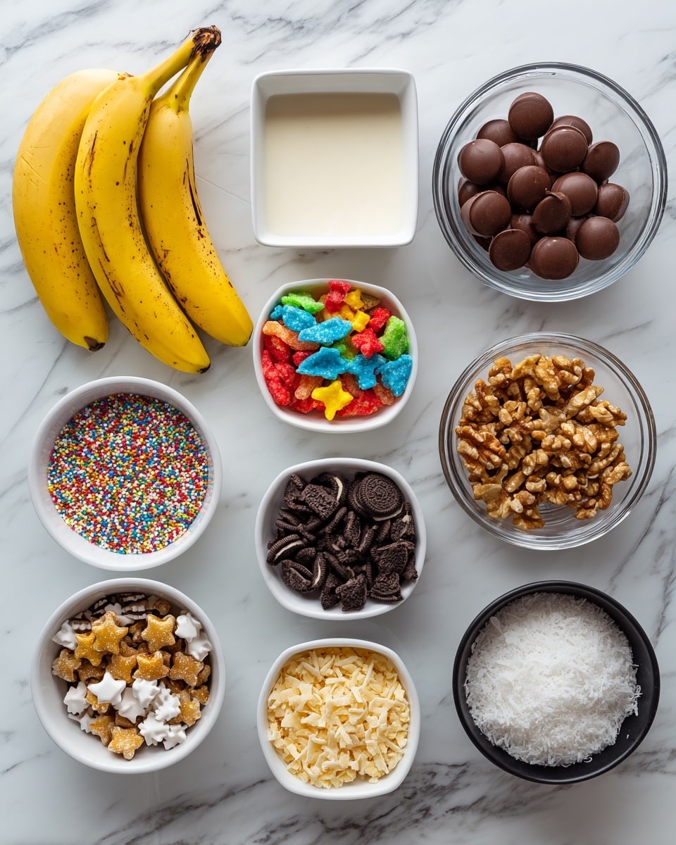 The image shows a top-down view of various baking ingredients placed on a white marbled surface. On the top left, there are two ripe yellow bananas with some brown spots. To their right is a small square white bowl filled with a light cream-colored liquid. Next to it on the right is a clear glass bowl filled with smooth, round dark brown chocolate disks. Below these, there are three white bowls lined up horizontally: the left one contains small, colorful round sprinkles, the middle one has brightly colored crunchy cereal pieces in red, blue, green, yellow, and orange, and the right bowl holds crushed Oreo cookies with visible white cream spots. Further down, there are four more bowls: a white bowl on the left with star-shaped colorful sprinkles, a clear glass bowl filled with small dark brown chocolate chips in the center, a white bowl on the right containing chopped walnuts, and below these, a black bowl with fine white shredded coconut on the left and a white bowl with finely ground golden crumbs on the right. The items are neatly arranged with clear details and bright colors, photo taken with an iphone --ar 4:5 --v 7
