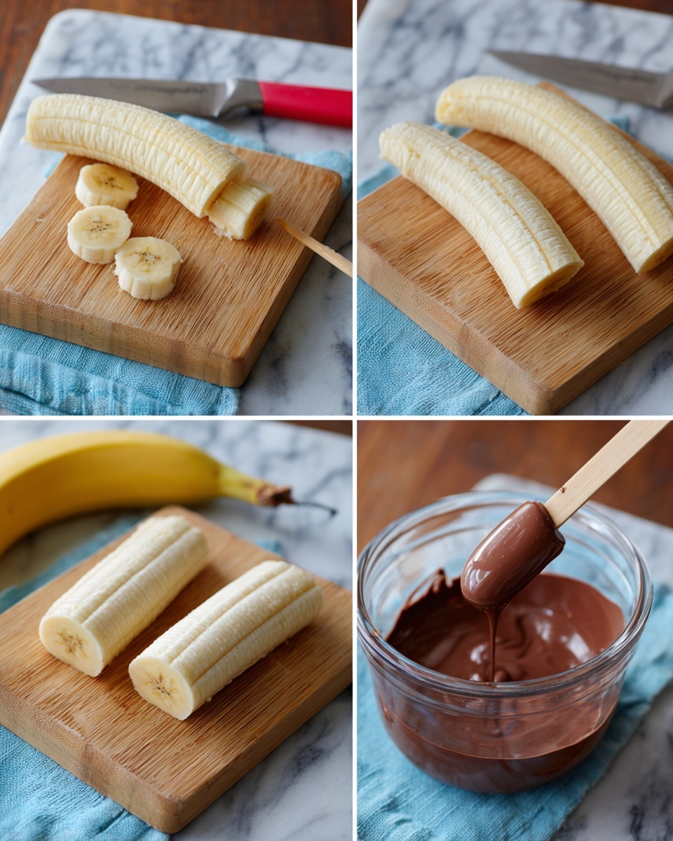 The image shows four steps of making a chocolate-covered banana treat. First, one peeled banana is placed on a wooden board and cut into three pieces with a red-handled knife. Next, each banana piece has a wooden stick inserted into the bottom, positioned on the same wooden board with banana peels beside them. The third step shows a clear glass bowl filled with round melted chocolate pieces on a white marbled surface with a blue cloth nearby. Finally, one banana piece on a wooden stick is dipped into the melted chocolate in the glass bowl, with the surface still white marbled. photo taken with an iphone --ar 4:5 --v 7