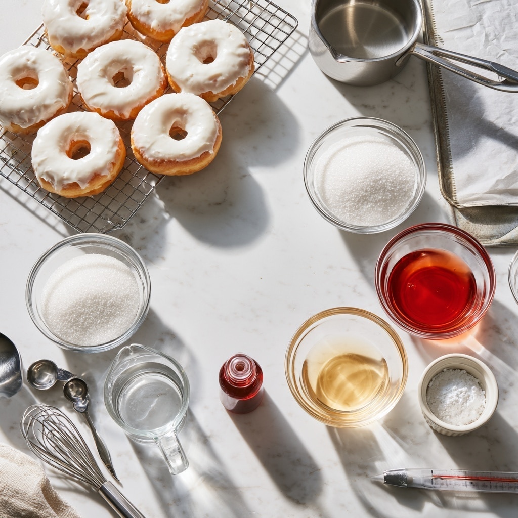 The image shows a sequence of donuts on a black cooling rack against a white marbled texture background. The first layer displays several round donuts coated with a smooth white glaze fully covering the tops. The second layer includes a clear glass bowl filled with bright red liquid being poured from a spoon, showing a thick texture. The third layer presents the same donuts with splashes of the red liquid dripping over the white glaze, creating a vivid red and white contrast with irregular patterns. The final layer adds translucent sheets being placed on top of some donuts covered in the red liquid, giving a shiny and layered look to the treats. Photo taken with an iphone --ar 4:5 --v 7