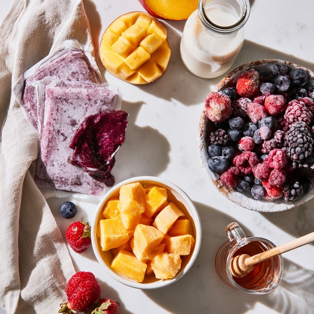 The image shows a sequence of making a smoothie bowl. The first small white bowl holds frozen blackberries, and another white bowl contains orange fruit pieces, next to a glass bowl with honey and two dark frozen fruit packs on a white marbled surface. The second image shows a glass blender jar layered with frozen dark fruit packs, orange fruit pieces, and some berries. The third image displays the blended dark purple smoothie mixture inside the glass blender jar with a smooth, thick texture. The final image presents the smoothie poured into a white bowl on a white marbled surface, topped with slices of yellow fruit, whole blackberries and blueberries, sprinkled with light seeds and white coconut flakes. Photo taken with an iphone --ar 4:5 --v 7