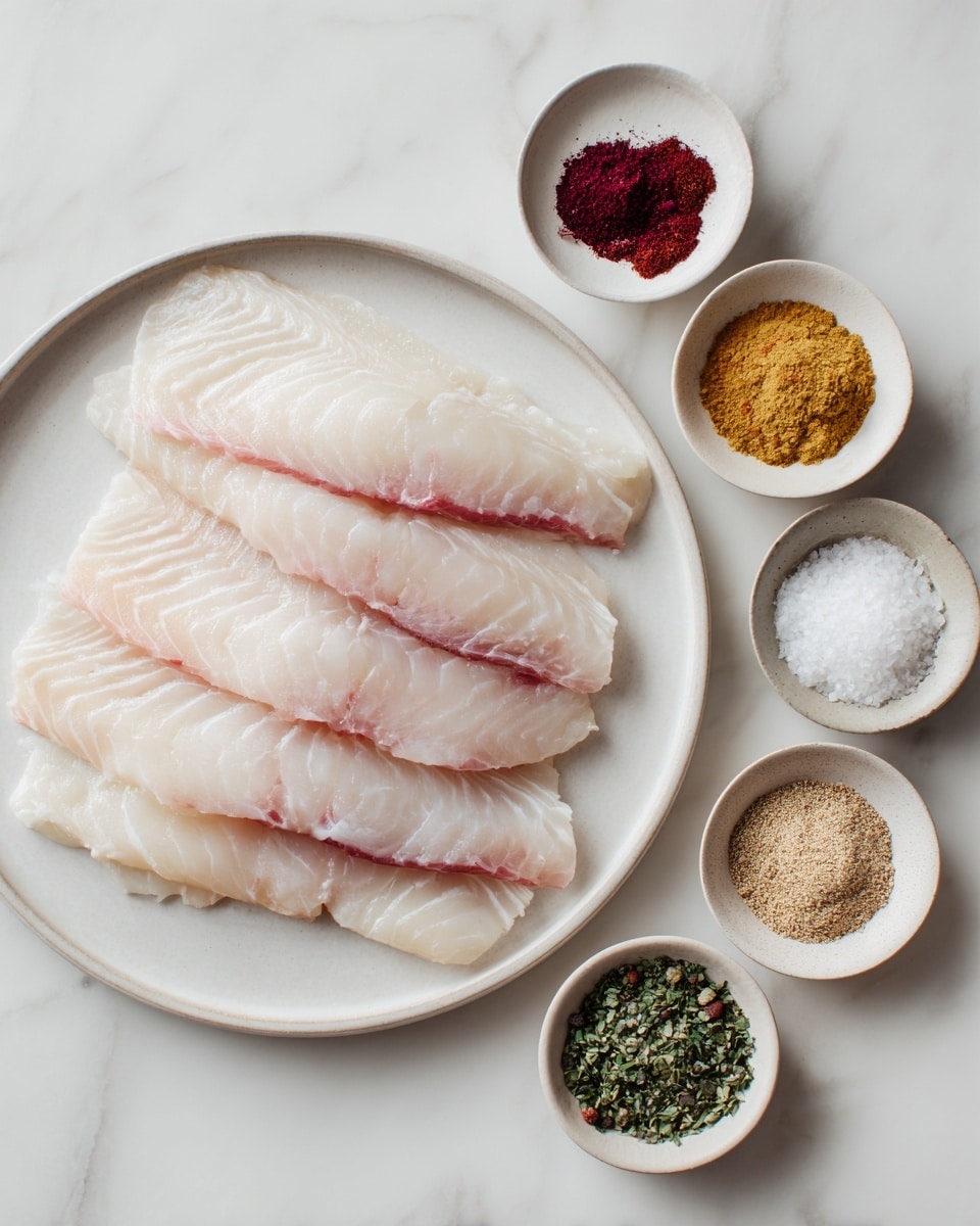 The left side shows several pieces of raw white fish fillets with a slight pink tint, arranged in overlapping layers on a simple white plate, resting on a white marbled surface. The right side shows a white bowl with seven different spices and herbs grouped separately: a light beige powder, a dark red powder, a green herb, white salt crystals, brownish powder, a black pepper mix, and another light beige powder, all distinct and unmixed against the bowl's neutral background. photo taken with an iphone --ar 4:5 --v 7