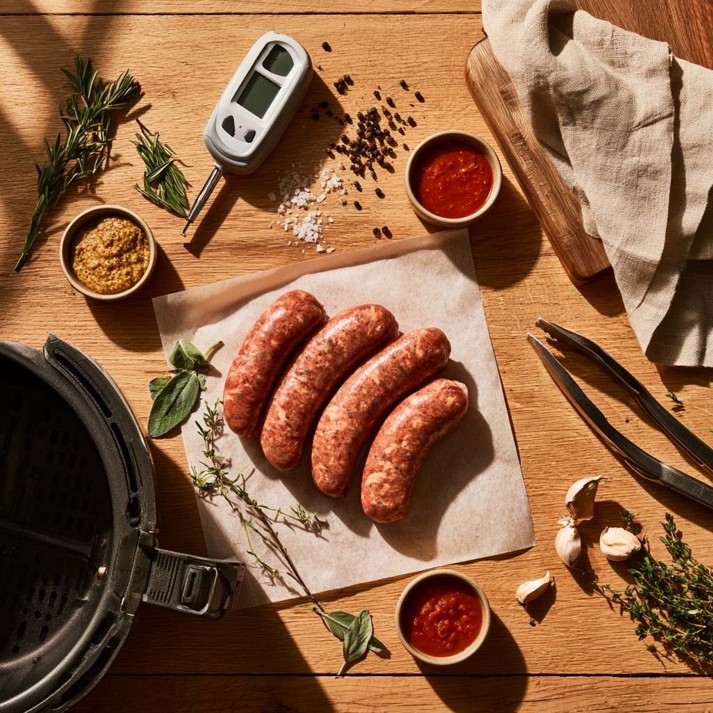 The image shows four cooked sausages inside a black air fryer basket. The sausages have a golden-brown color with small darker spots, showing a slightly shiny and textured surface. They are arranged side by side on the perforated basket, which has a matte and slightly used look. The background is a white marbled texture. photo taken with an iphone --ar 4:5 --v 7