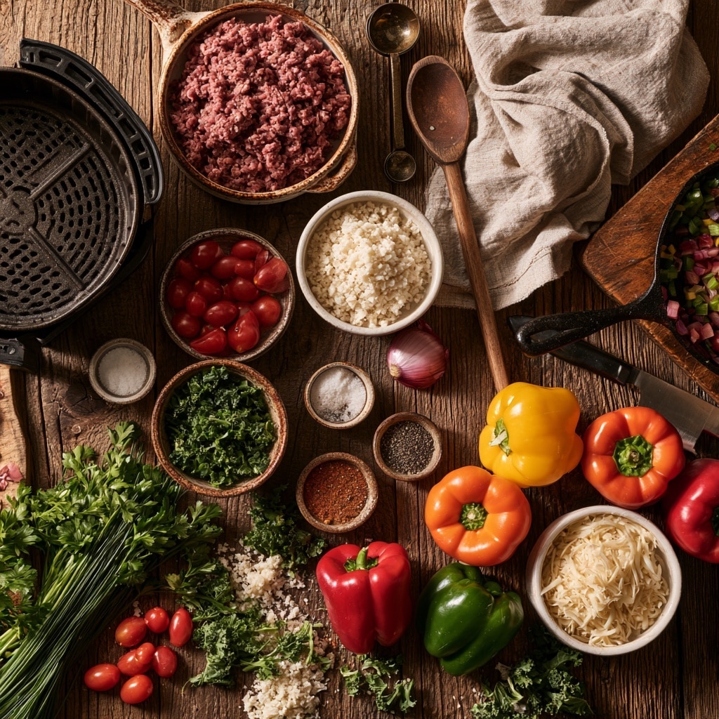 The image shows two scenes side by side on a white marbled surface. On the left, there is a frying pan filled with a mixture of cooked brown ground meat, small chopped green and white vegetables, and whole small red cherry tomatoes scattered on top. The food looks cooked and mixed evenly inside the black pan. On the right, there is a black air fryer basket holding four hollowed-out bell peppers placed closely together. Each pepper is filled with the same brown ground meat and chopped vegetable mix, topped with diced red tomatoes. The peppers are orange, yellow, red, and green, and all sit inside the basket with some pieces of cooked food overflowing slightly. Photo taken with an iphone --ar 4:5 --v 7