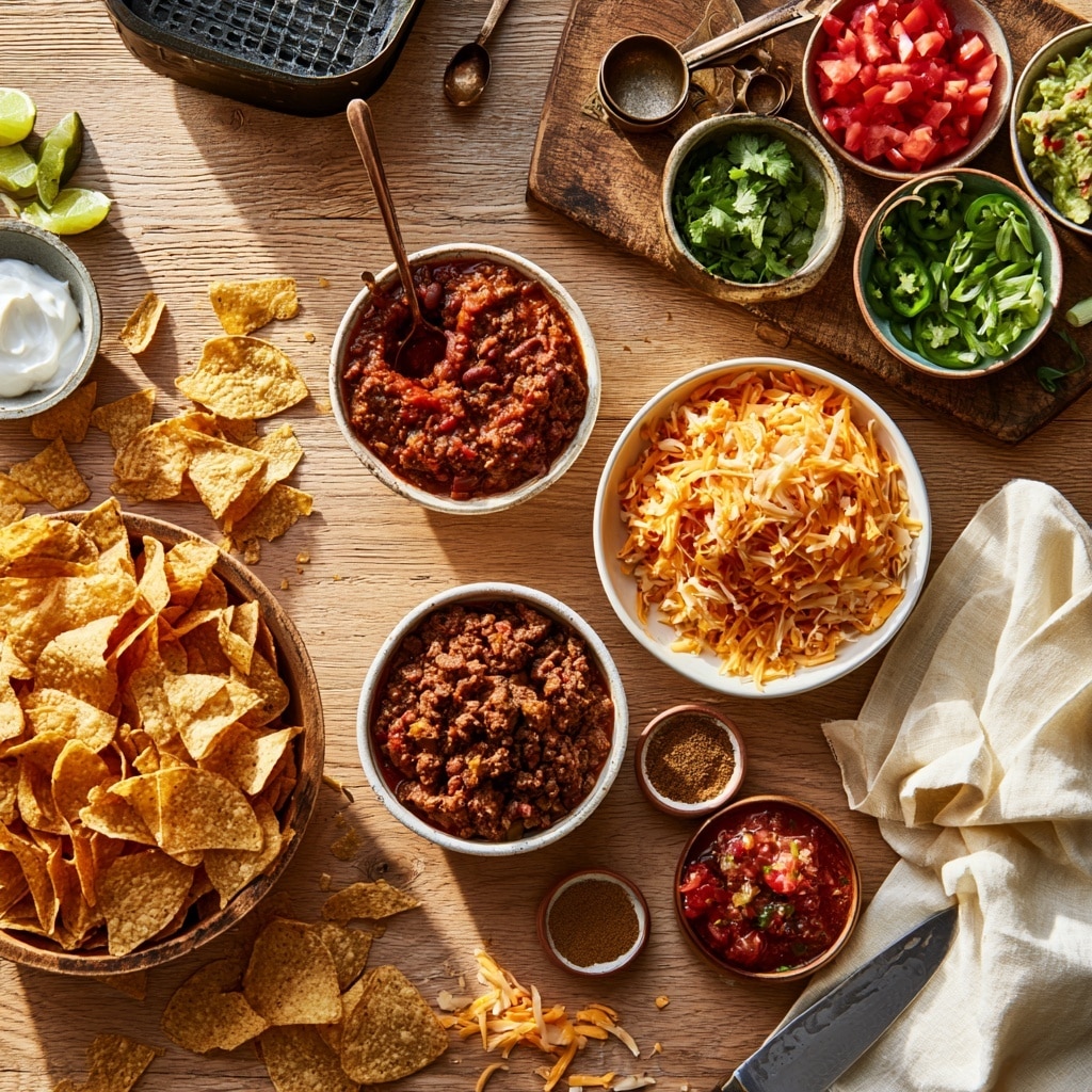 The image shows a black air fryer basket filled with two layers of food. The bottom layer is made of light yellow crispy tortilla chips spread evenly. The top layer has a generous amount of cooked ground meat mixed with dark red kidney beans scattered on top. The meat looks crumbly and moist, covering most of the chips. The basket is set on a white marbled surface with a white cloth partially visible on the side. Photo taken with an iphone --ar 4:5 --v 7