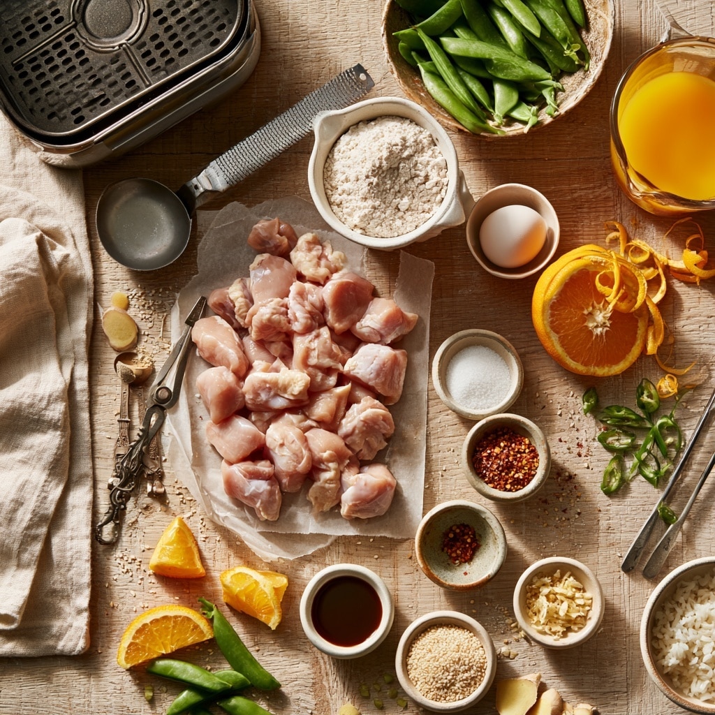 The image shows four parts of a cooking process. The top left has a clear glass bowl with raw light pink chicken pieces coated in flour on a white marbled surface. The top right is a black air fryer basket with raw chicken pieces spread out inside. The bottom left shows a pot with dark sauce inside, with a wooden handle, placed on a white marbled surface. The bottom right shows a white bowl on a wooden board, filled halfway with white rice on the right, bright green snap peas on the bottom left, and golden brown cooked chicken pieces on top, sprinkled with white sesame seeds and small green herbs; a pair of wooden chopsticks rests beside the bowl and a woman’s hand is reaching toward it on the right side. Photo taken with an iphone --ar 4:5 --v 7