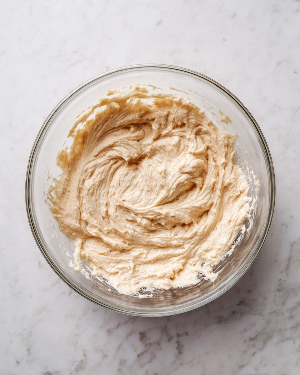A clear glass bowl filled with creamy, pale beige batter that looks smooth but thick, with swirled textures showing where it has been mixed; the batter covers the inside sides of the bowl unevenly, with some bits sticking to the glass rim. The bowl sits on a white marbled surface. photo taken with an iphone --ar 4:5 --v 7
