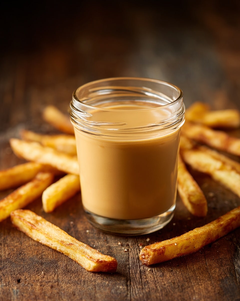 A clear glass jar filled halfway with smooth, creamy light brown sauce sits on a wooden table, with several golden, crispy seasoned fries scattered around its base in soft focus, all against a dark blurred background, the close-up shot capturing the rich texture of the sauce and the crunchy detail of the fries. Photo taken with an iphone --ar 4:5 --v 7