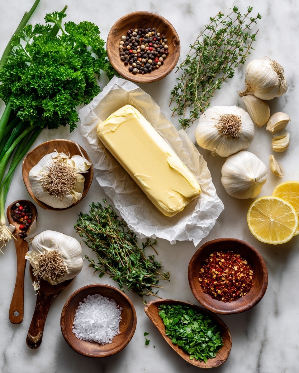 A top-down view of various cooking ingredients arranged neatly on a white marbled textured surface. In the center, an opened stick of butter wrapped in paper is placed horizontally. Surrounding the butter are fresh green herbs like parsley and thyme, bright green onions, and whole garlic bulbs with cloves slightly separated. There are wood bowls and spoons filled with coarse salt, black pepper, red pepper flakes, and two kinds of red spices. Two lemon wedges lie near the top right and bottom right corners. The overall color scheme is natural greens, white garlic, yellow lemon, and warm brown wooden bowls and spoons, creating a fresh and earthy look. Photo taken with an iphone --ar 4:5 --v 7