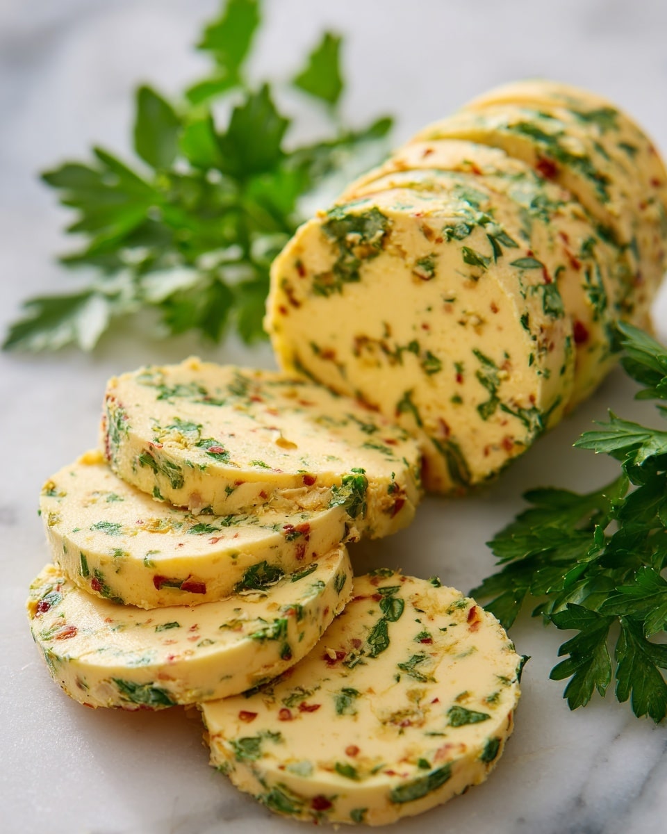 The image shows a round log of herb butter sliced into thin layers, placed on a white marbled surface. The butter has a pale yellow color mixed with small green herb pieces and bits of red seasoning evenly spread throughout. Several slices lie flat in front of the log, revealing distinct, smooth, thin layers stacked tightly together. In the background, fresh green parsley leaves add a fresh look and a splash of color. The texture appears creamy with some crumbly herb bits. Photo taken with an iphone --ar 4:5 --v 7