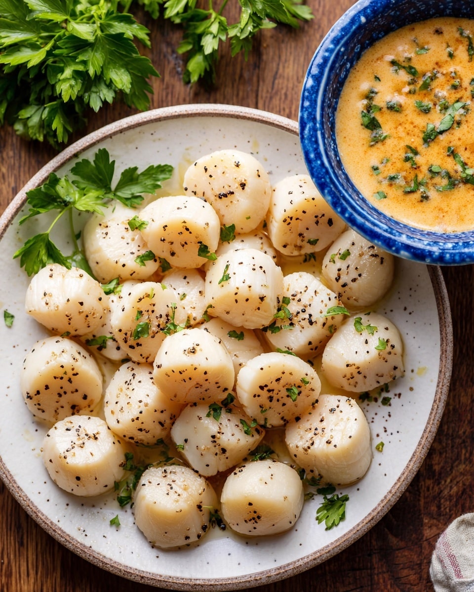A white plate filled with about twenty plump, light cream-colored scallops, each sprinkled with small black pepper dots, neatly stacked in the center. On the right side of the image, a blue bowl holds a creamy, orange-brown mixture with green herb bits. The plate and bowl sit on a wooden surface, with fresh parsley leaves placed around them for decoration, but the described image is on a white marbled texture. photo taken with an iphone --ar 4:5 --v 7
