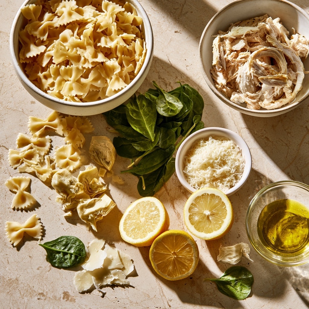 A clear glass bowl is seen from above, divided into five sections with no mixing: cooked yellow bow-tie pasta in the top left, diced cooked chicken pieces in the top right, finely chopped green leafy herbs at the bottom left, a heap of finely chopped light green artichokes in the center, and shredded white cheese at the bottom right. The bowl is placed on a white marbled surface. Photo taken with an iphone --ar 4:5 --v 7