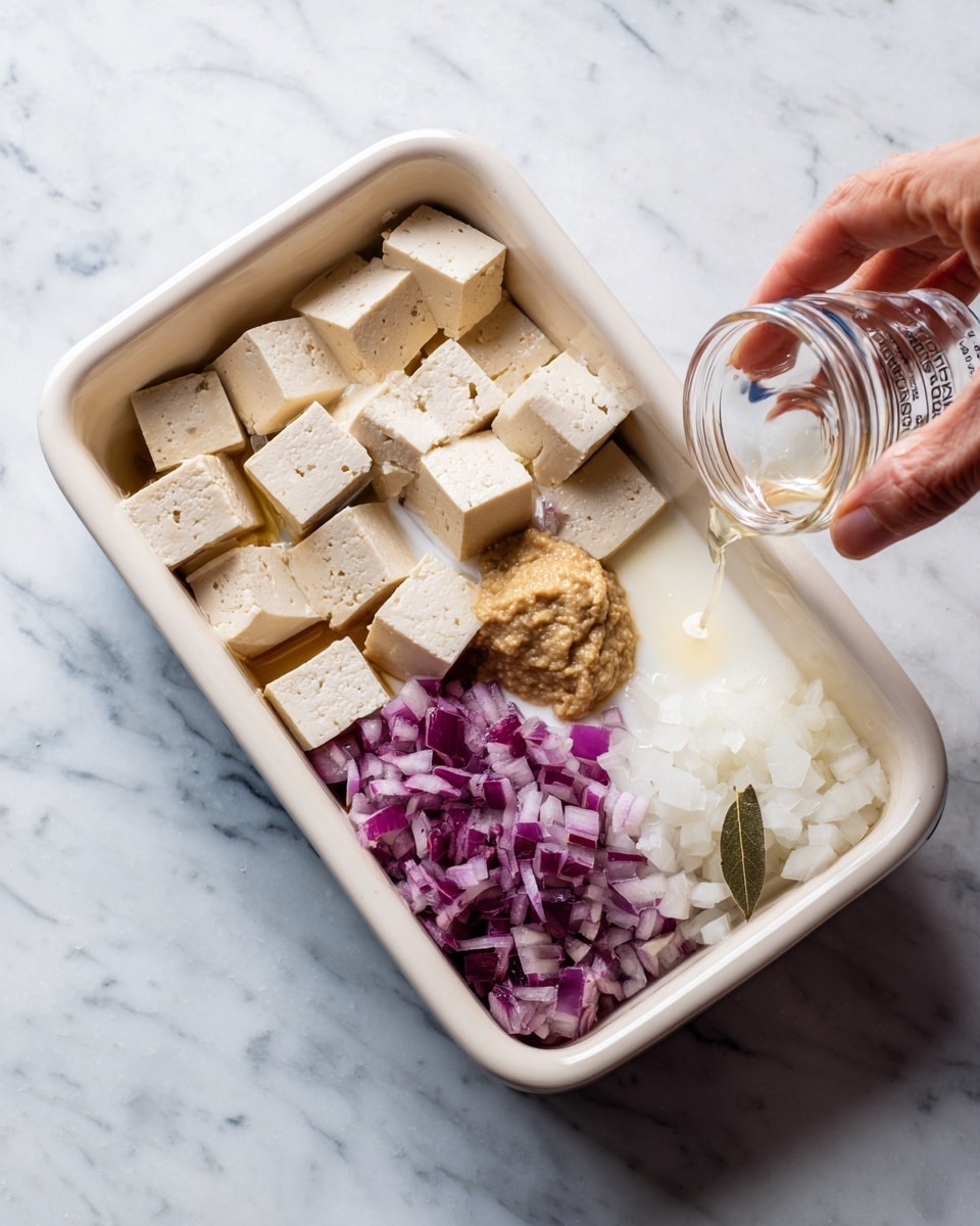 A white rectangular dish holds four main ingredients side by side: diced beige tofu on the left, a pool of smooth white sauce next to it, a dollop of light brown paste on top of the sauce, and finely chopped purple and white onions on the right with a bay leaf resting on them. Above the dish, a woman's hand is squeezing liquid from a small clear container onto the ingredients. The dish is on a white marbled surface. photo taken with an iphone --ar 4:5 --v 7