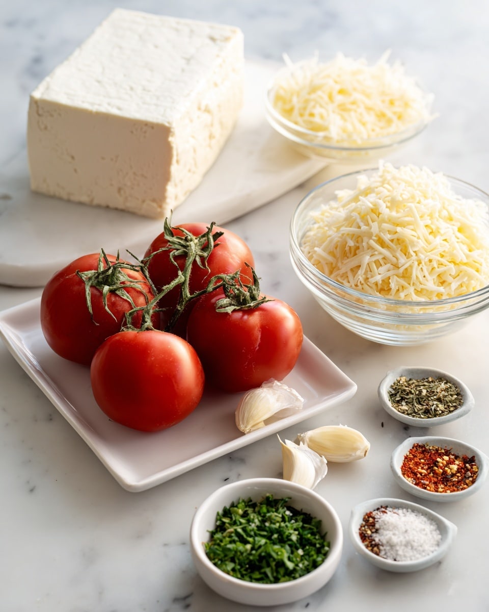 The image shows several fresh ingredients placed on a white marbled surface. There is a white rectangular plate holding four dark red tomatoes with green stems and two small peeled garlic cloves in front. Behind this plate, a large block of tofu rests on a white rectangular dish. To the right, a clear glass bowl is filled with light yellow grated cheese, and beside it, a white bowl contains shredded white cheese. In the front right, a small white bowl holds finely chopped green herbs, and another small white dish contains various spices, including red flakes, dried herbs, and white salt. photo taken with an iphone --ar 4:5 --v 7