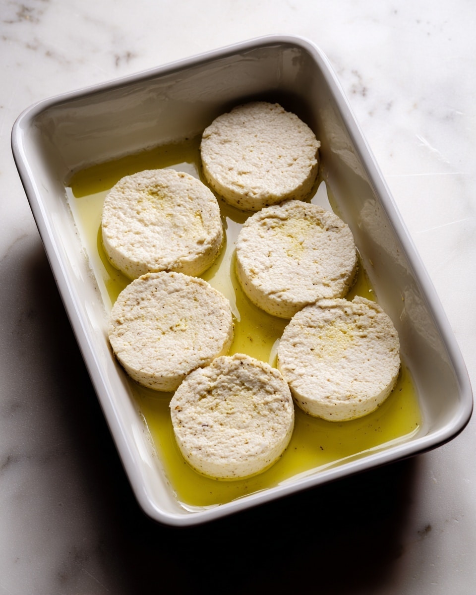 The image shows a white rectangular baking dish containing five round slices of a light beige food, arranged in two rows with three slices in the back and two in the front. The slices have a smooth yet slightly crumbly texture and sit on a thin layer of yellow oil or butter. The dish is placed on a white marbled surface, and the background is dark, creating a clear contrast with the white dish and light food slices. photo taken with an iphone --ar 4:5 --v 7