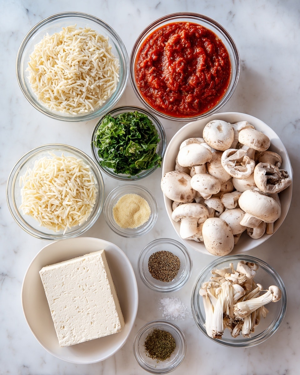 The image shows several small clear glass bowls and one white bowl arranged on a white marbled surface, each filled with different ingredients. On the far right, there is a large bowl with whole white mushrooms, and in front of it is a small bowl with mushroom stems. Next to that is a white bowl filled with orzo pasta. Above it, a larger bowl contains red tomato sauce with visible chunks. To the left, there is a bowl of shredded cheese and a bowl of chopped green leafy vegetables. Smaller bowls hold an off-white block resembling tofu, light yellow and green dry spices, and a mixture of various dry spices, including salt, placed in two separate small bowls. The bowls are arranged in a semi-random pattern, and everything is clearly visible with good lighting. Photo taken with an iphone --ar 4:5 --v 7