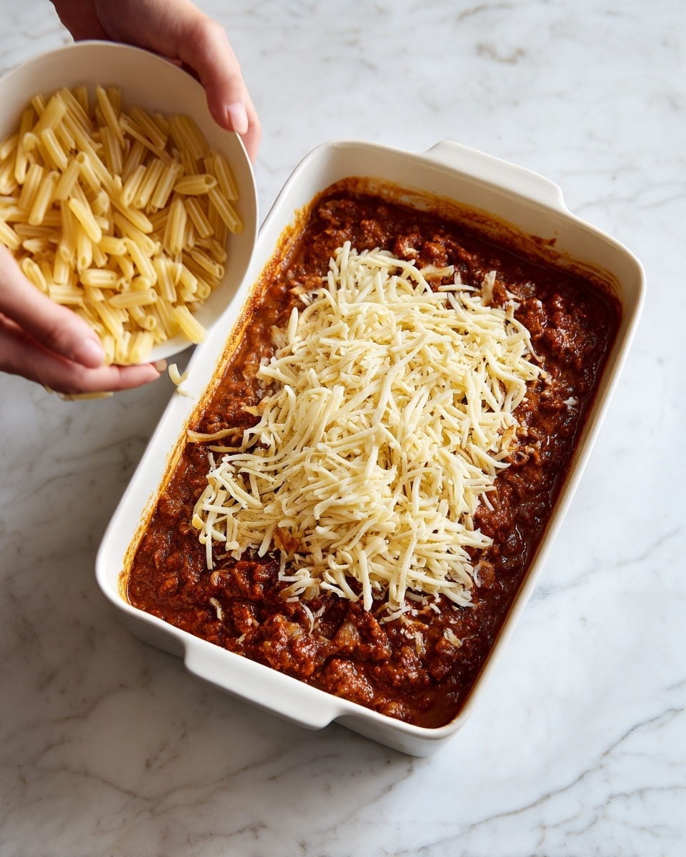 In a white rectangular dish, there is one visible layer of thick, reddish-brown sauce with small chunks, filling most of the dish. Over this sauce, a layer of pale yellow, uncooked rice-shaped pasta is being sprinkled from a white bowl held by a woman's hand entering from the top left corner. The dish is set on a white marbled surface. photo taken with an iphone --ar 4:5 --v 7
