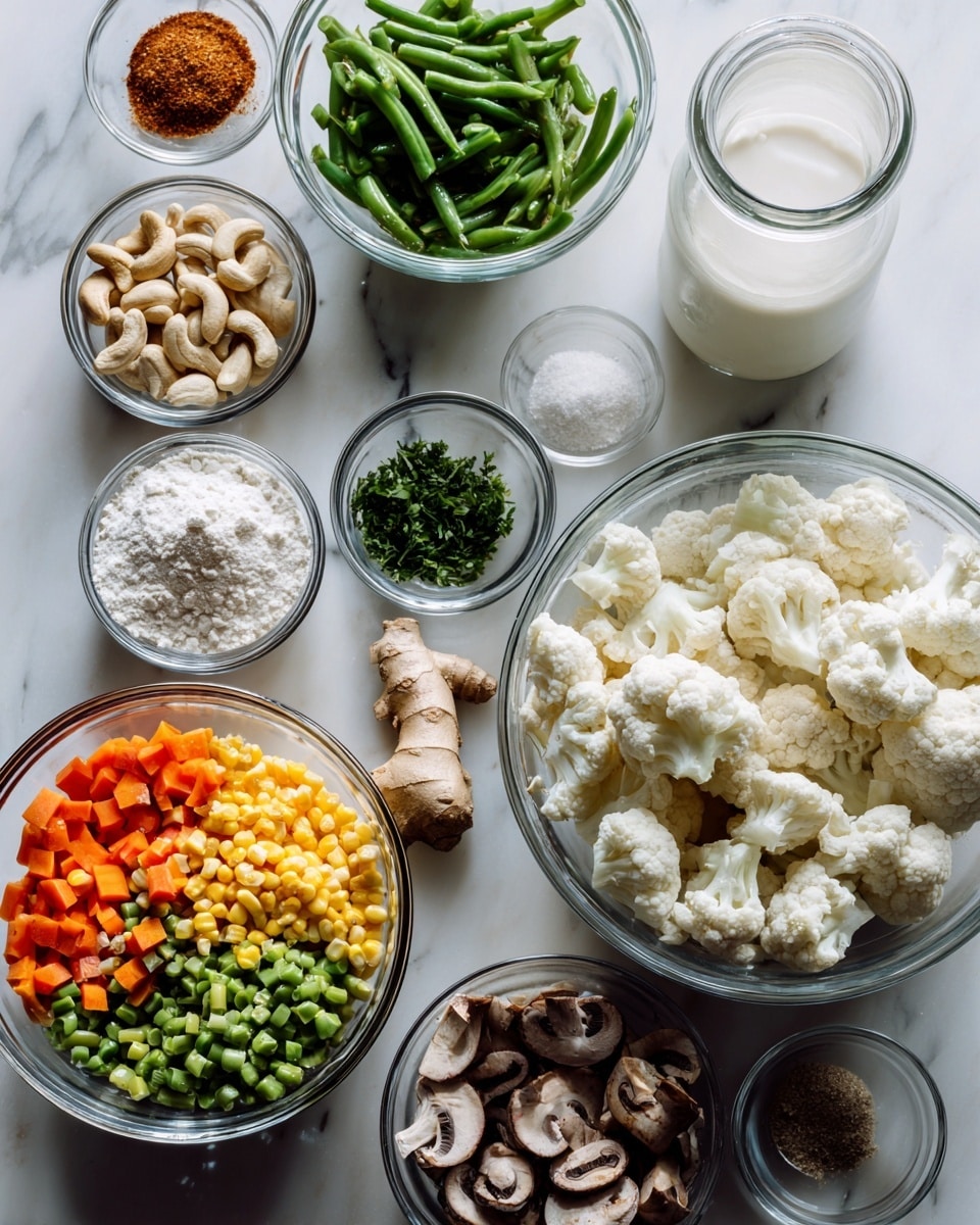 The image shows several clear glass bowls and a tall glass bottle filled with white liquid arranged on a white marbled surface. The largest bowl on the right holds four sections of fresh ingredients: white cauliflower florets, chopped brown mushrooms, and green bell pepper pieces. Another large bowl to the left contains a colorful mix of diced orange carrots, green beans, peas, and yellow corn. Behind it, a medium bowl holds chopped fresh green herbs. Smaller bowls are filled with various powders and spices, including a mix with cinnamon and paprika, another with white flour, and one with salt and ground powder. Another small bowl contains cashew nuts, and one more bowl holds garlic cloves, a green chili, and a piece of ginger. The clear glass bottle near the center holds a foamy white liquid. The scene is lit by natural light, creating soft shadows, with a focus on the fresh, raw ingredients placed neatly. Photo taken with an iphone --ar 4:5 --v 7