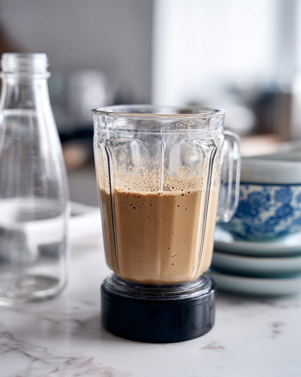 A transparent blender cup filled about three-quarters with a light brown creamy mixture with small bubbles on the surface sits upside down on a black blender base, on a white marbled kitchen counter. To the left of the blender, there is a clear empty plastic bottle, and in the blurred background, a white rectangular dish and a stack of bowls with a blue patterned bowl on top are visible. Photo taken with an iphone --ar 4:5 --v 7