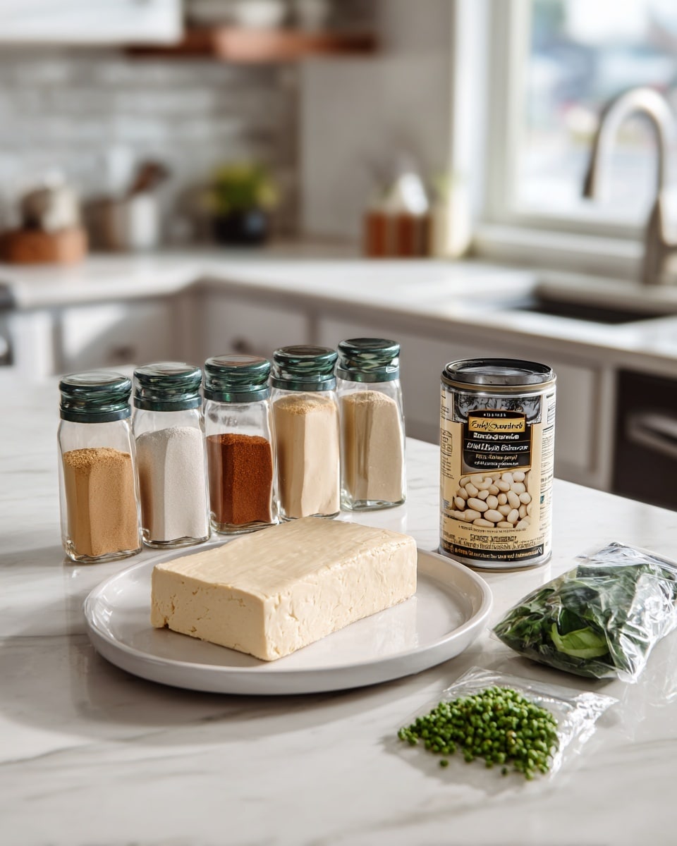 The image shows a white plate on a white marbled countertop holding one large block of beige tofu. Next to the plate, there are five spice jars and containers lined up, with clear glass bodies and dark green or silver lids, filled with powders in light beige, reddish-brown, and green shades. Beside these containers, there is a can of white butter beans with a black lid and label showing beans. To the right of the can, two bags of green chopped spinach rest casually on the countertop. The background shows a kitchen with a silver sink and white cabinets slightly out of focus. Photo taken with an iphone --ar 4:5 --v 7