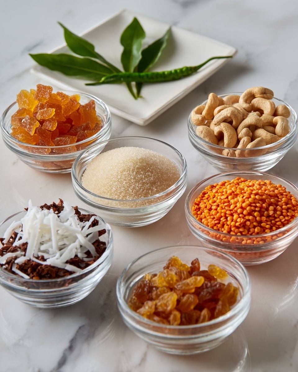 The image shows seven clear glass bowls arranged on a white marbled surface. From left to right, the first bowl contains orange dried ginger pieces coated lightly with sugar, the second holds a small pile of light beige granulated sugar, the third has a handful of light brown cashew nuts, and the fourth bowl contains bright orange-red split lentils. In front, there are three more glass bowls: one with a mix of dark brown and red spices, another filled with shredded white coconut, and the last has a small pile of golden brown raisins. Behind these bowls, a white square plate holds a fresh green chili and a sprig of green curry leaves. Photo taken with an iphone --ar 4:5 --v 7