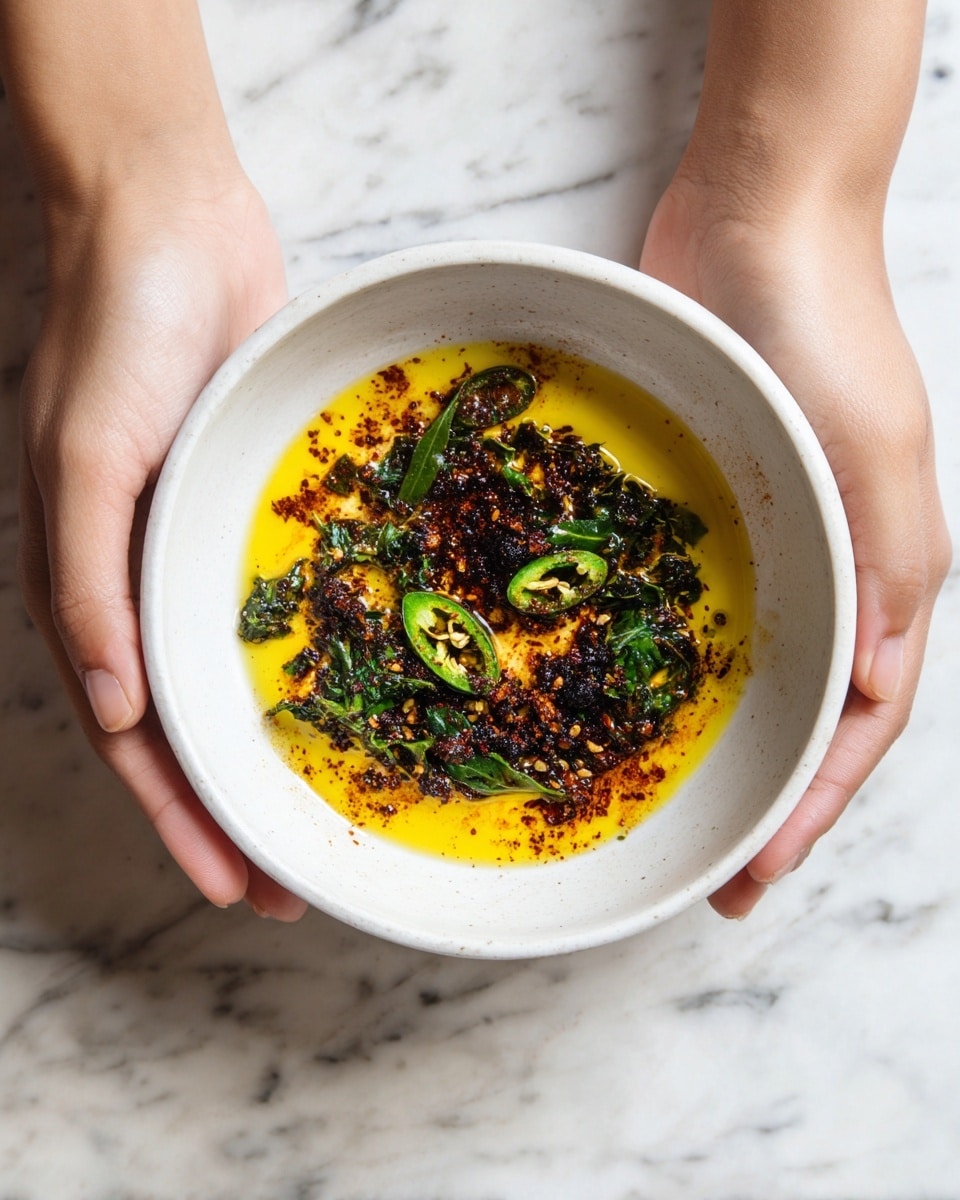 A white bowl holds a small amount of sauce with three main layers: a thin layer of yellow oil spreads across the bottom, topped with scattered green chili slices and dark green leafy herb pieces, next to areas of reddish-brown spice powder and sauce. Two woman's hands gently hold the bowl from both sides, and the bowl rests on a white marbled surface. photo taken with an iphone --ar 4:5 --v 7