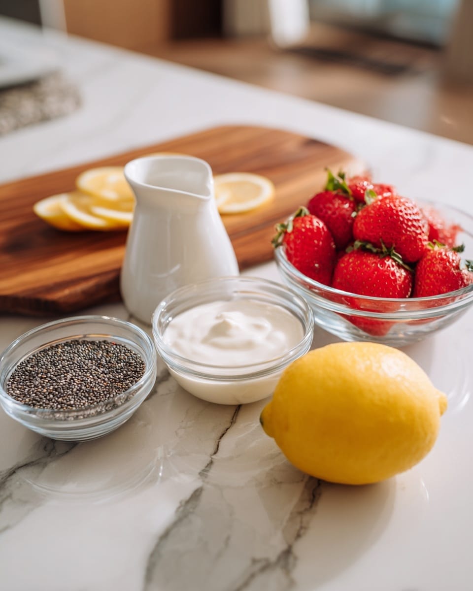 The image shows a kitchen counter with several items arranged neatly: on the left, a small clear bowl filled with tiny black chia seeds; next to it is a clear bowl with smooth white yogurt or cream; a small white jug containing a light liquid sits behind the clear bowls; on the right, there is a clear bowl holding bright red strawberries and a whole yellow lemon; in the background, there is a wooden cutting board placed on a white marbled countertop. Photo taken with an iphone --ar 4:5 --v 7