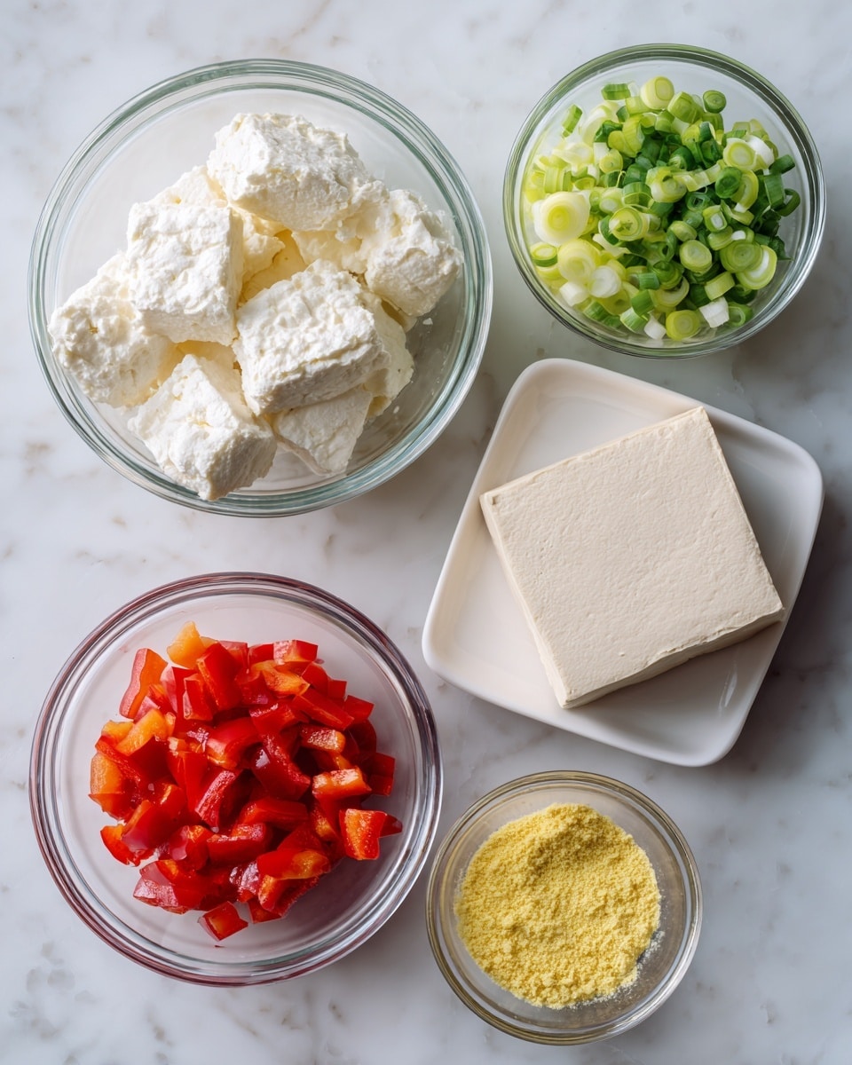 The image shows five containers arranged on a white marbled surface. At the top left, there is a clear glass bowl filled with large chunks of soft white cheese. To the right of it, a smaller clear glass bowl contains chopped green onions with light and dark green layers visible. Below the cheese bowl, another clear glass bowl holds bright red diced bell peppers in small square pieces. To the right of the peppers is a small clear bowl filled with yellow granular powder. At the bottom left, a rectangular white plate holds a plain light beige block of tofu. The photo taken with an iphone --ar 4:5 --v 7