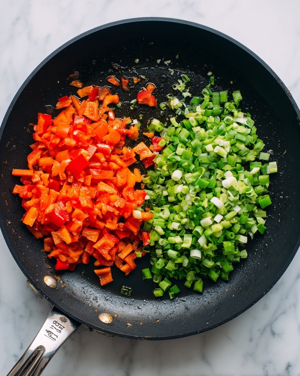 A black frying pan containing two groups of chopped vegetables on a white marbled surface: on the left side, bright red and orange diced bell peppers cooked with a soft texture and slight shine; on the right side, fresh chopped green and white spring onions that appear raw and crisp, both sitting on melted oil. The pan has a shiny metal handle on the left side. photo taken with an iphone --ar 4:5 --v 7