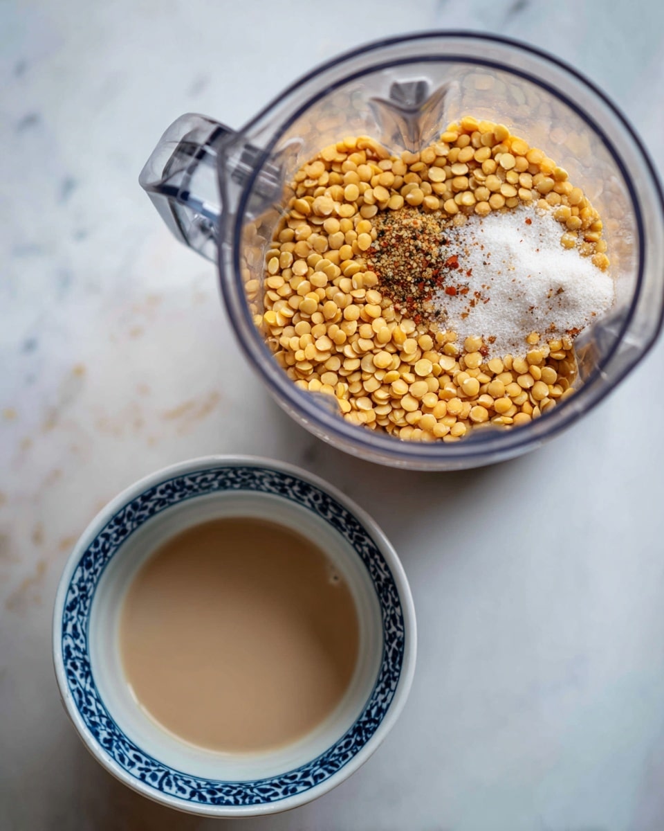 This image shows a clear blender filled mostly with small, pale yellow lentils, with a small pile of white salt and some darker spices on top, resting on a white marbled surface. Below and to the left of the blender, there is a white bowl with a blue rim filled with a light beige liquid. The overall scene has a soft natural light with a simple kitchen prep vibe. photo taken with an iphone --ar 4:5 --v 7