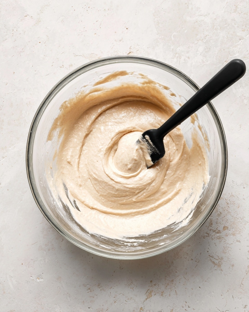 A clear glass bowl on a white marbled surface holds a creamy, pale beige batter with a smooth and slightly thick texture. A black spatula is partially dipped in the batter, appearing to be stirring or mixing it. The edges of the bowl show some splashes of the batter, giving a sense of fresh preparation. photo taken with an iphone --ar 4:5 --v 7