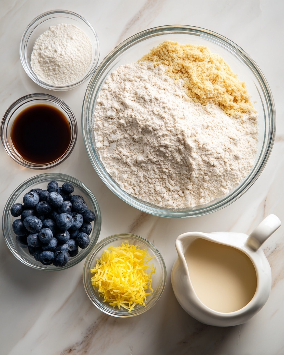 A clear glass bowl in the center holds two layers of dry ingredients: a white flour-like powder filling most of the bowl’s space and a light tan crumbly topping on one side. Surrounding it on a white marbled surface are five small clear bowls with different contents—a dark brown liquid in one, a white powder in another, fresh blue blueberries in a third, bright yellow lemon zest in the smallest, and a creamy white mixture with a pale yellow liquid on top in the last. To the right, there is a small white ceramic pitcher filled with a light beige liquid. Photo taken with an iphone --ar 4:5 --v 7